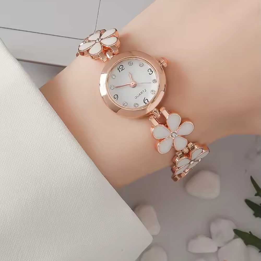 Gold and White Floral Crystal Watch